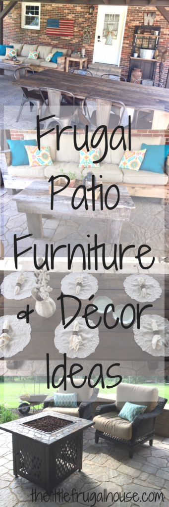 Decorate your outdoor space with frugal patio furniture and décor ideas from The Little Frugal House! DIY Furniture Builds, Yard Sale Finds, and More!