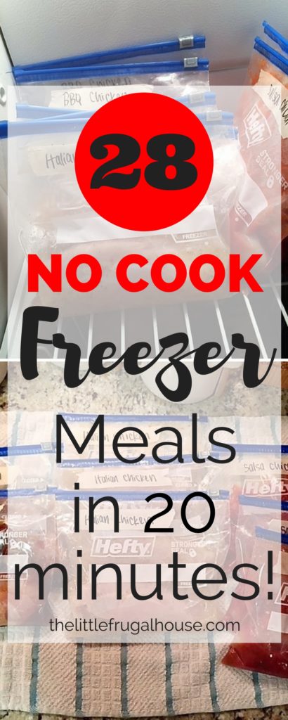 Get ahead and make some quick dinners for those busy nights! These no cook freezer meals are perfect for busy families! Get 28 meals made in 20 minutes!