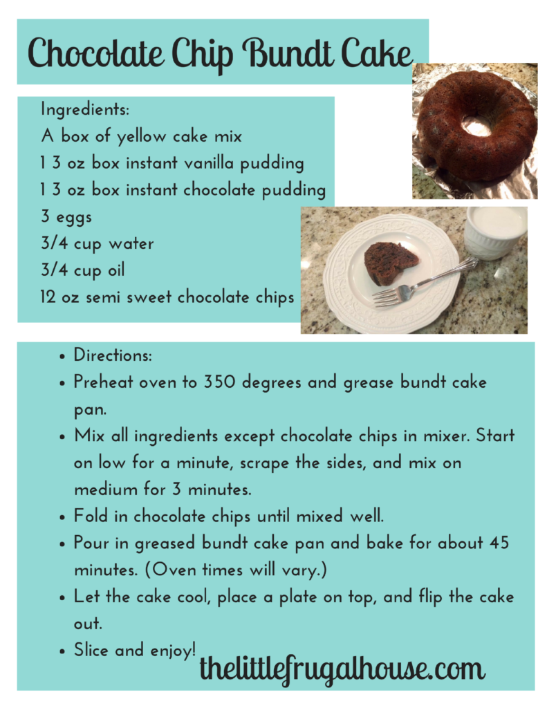 Looking for a super quick, easy and delicious recipe that won't cost a fortune? Give this chocolate chip bundt cake a try! Perfect for parties!