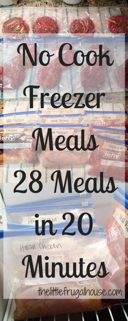 Get ahead and make some quick dinners for those busy nights! These no cook freezer meals are perfect for busy families! Get 28 meals made in 20 minutes!