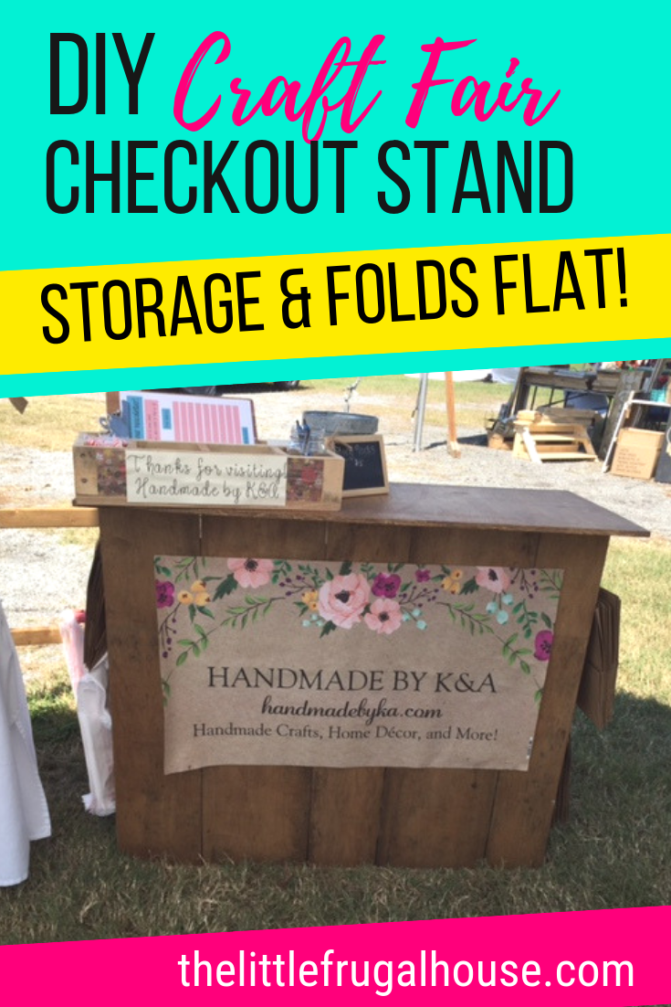 See how I built a DIY Folding Craft Fair Checkout Stand with scrap wood and $0. Ring up customers and package gifts on your own checkout station! This checkout stand folds flat for easy storage and travel. Hang your bags on the side and store your cash box and other necessities behind the stand on the shelves.
