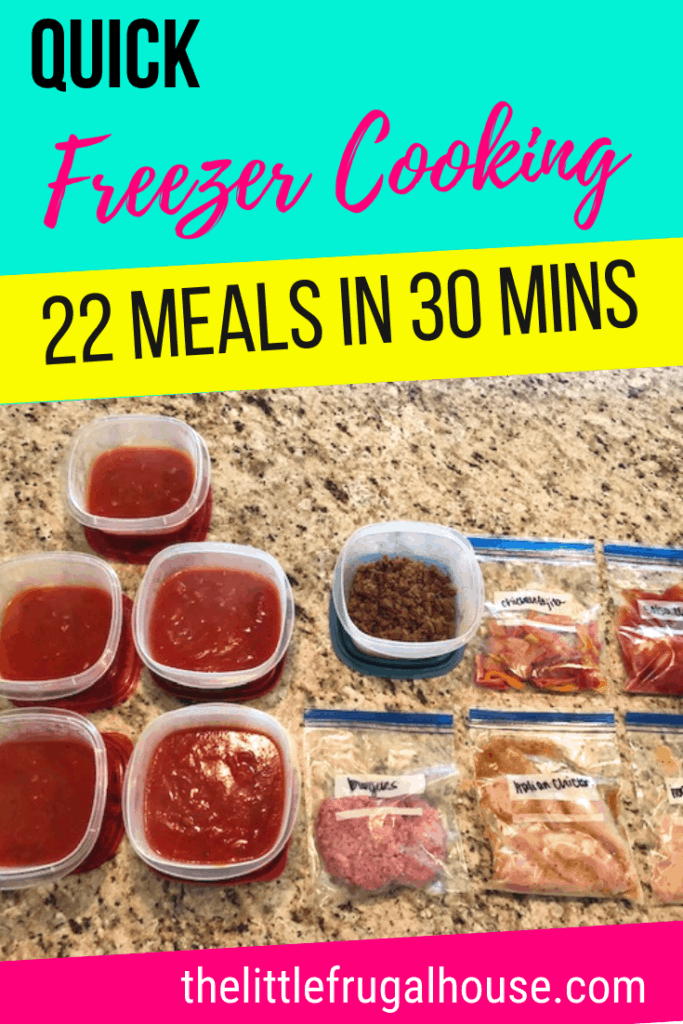 Use this quick freezer cooking plan to make 22 meals in just 30 minutes. Get your freezer stocked with these easy make ahead meals to feed your family on busy nights. These freezer meals are easy and you may already have most of the ingredients. Perfect for beginners, as some meals are no cook freezer meals.