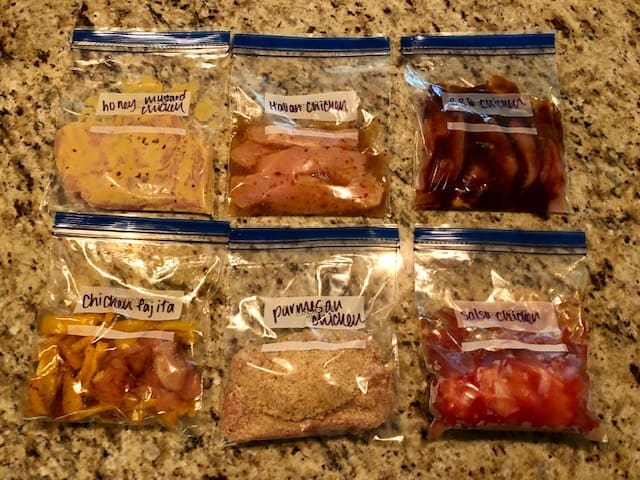 No time for dinner, but don't want to waste more money eating out? Make these easy and quick chicken no cook freezer meals! By using just one meat, you'll get these meals made quickly and easily. Includes grocery list, directions, photos, and a free printable plan. Get ideas for other no cook freezer meals you can make