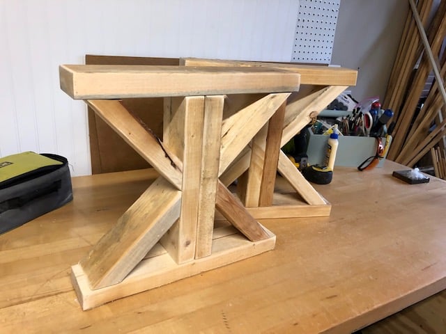 Make this farmhouse DIY dining room bench for under $20! Perfect for small spaces, front porches, and to add extra seating with storage underneath. 