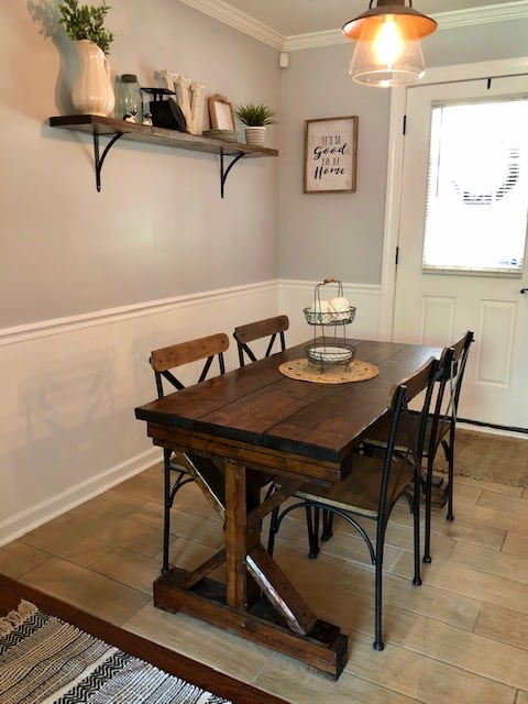 This DIY dining room makeover on a budget is perfect for our small farmhouse home. Check out the before and after to get ideas for your own!