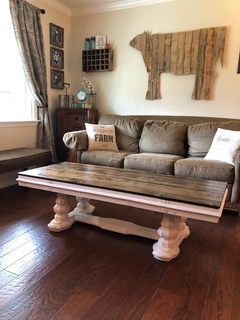 Check out this amazing DIY wooden glasstop painted coffee table makeover! The before and after will give you ideas for a rustic farmhouse look!