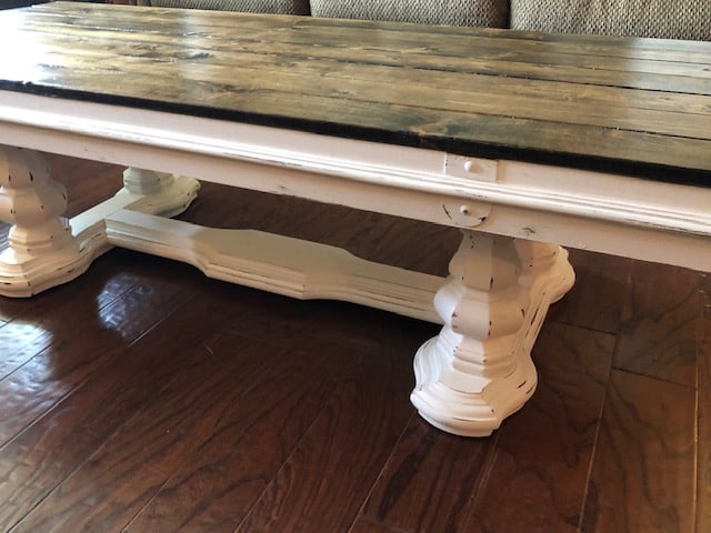 Check out this amazing DIY wooden glasstop painted coffee table makeover! The before and after will give you ideas for a rustic farmhouse look!