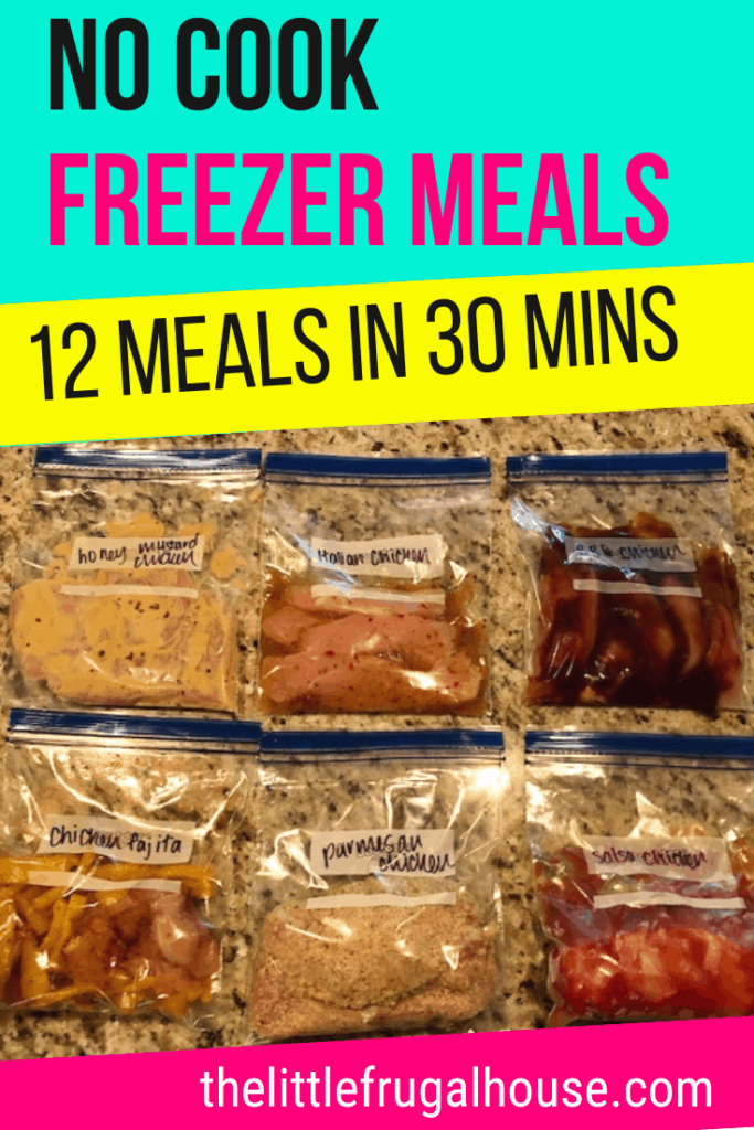No time for dinner, but don't want to waste more money eating out? Make these easy and quick chicken no cook freezer meals! By using just one meat, you'll get these meals made quickly and easily. Includes grocery list, directions, photos, and a free printable plan. Get ideas for other no cook freezer meals you can make