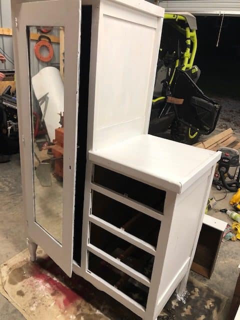 Check out the amazing before and after of this DIY armoire makeover! White, farmhouse, antique and perfect for the bedroom or kitchen with storage ideas!