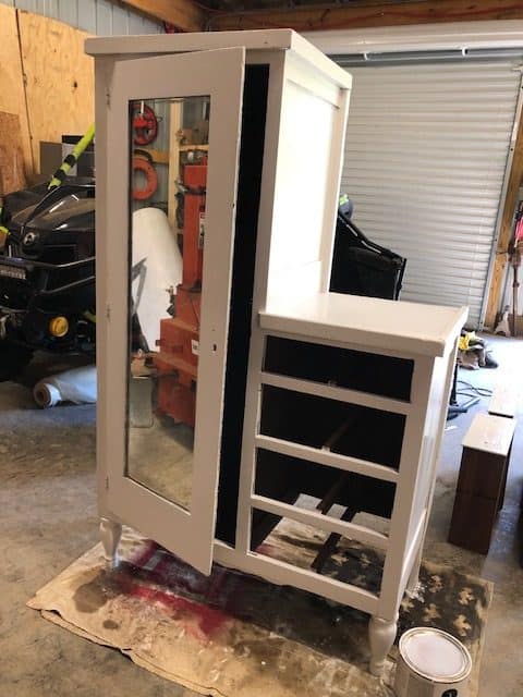 Check out the amazing before and after of this DIY armoire makeover! White, farmhouse, antique and perfect for the bedroom or kitchen with storage ideas!