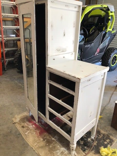 Check out the amazing before and after of this DIY armoire makeover! White, farmhouse, antique and perfect for the bedroom or kitchen with storage ideas!