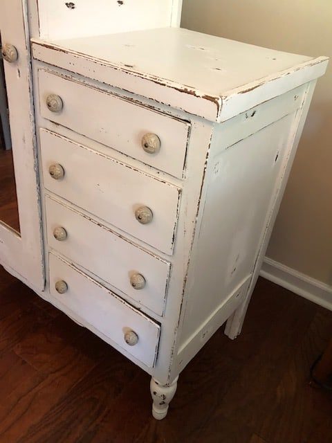 Check out the amazing before and after of this DIY armoire makeover! White, farmhouse, antique and perfect for the bedroom or kitchen with storage ideas!