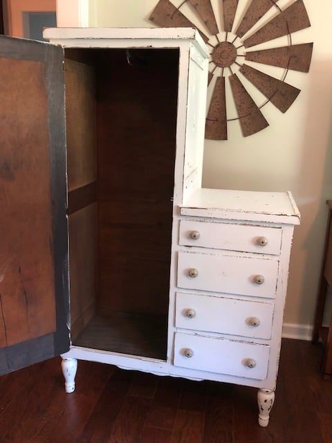 Check out the amazing before and after of this DIY armoire makeover! White, farmhouse, antique and perfect for the bedroom or kitchen with storage ideas!