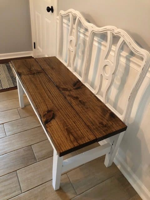 Learn how to make a DIY headboard bench with this step by step, easy tutorial and plan. Take an old headboard and repurpose it to a bench!