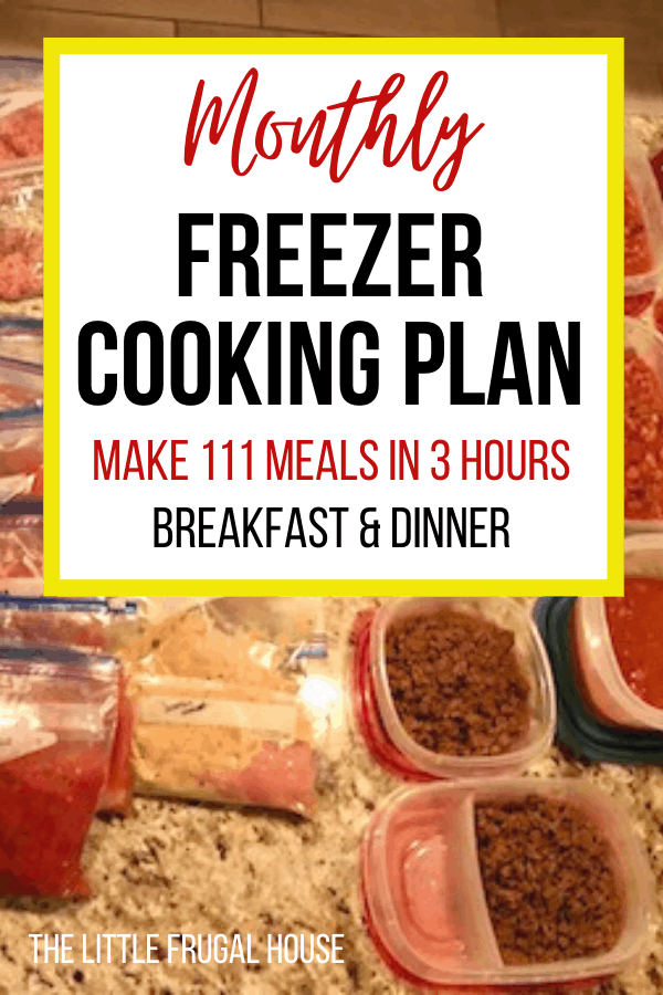 This monthly freezer cooking plan has a free PDF to help you make 111 meals in 3 hours. Stock your freezer with easy breakfast and dinner freezer meals. 