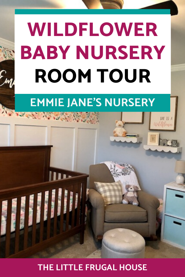 Come take a tour of our baby girl's wildflower nursery room! The wall paper, board and batten wall, cube organizers, and name sign make this room so sweet!