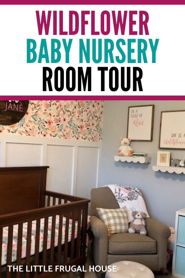 Come take a tour of our baby girl's wildflower nursery room! The wall paper, board and batten wall, cube organizers, and name sign make this room so sweet!