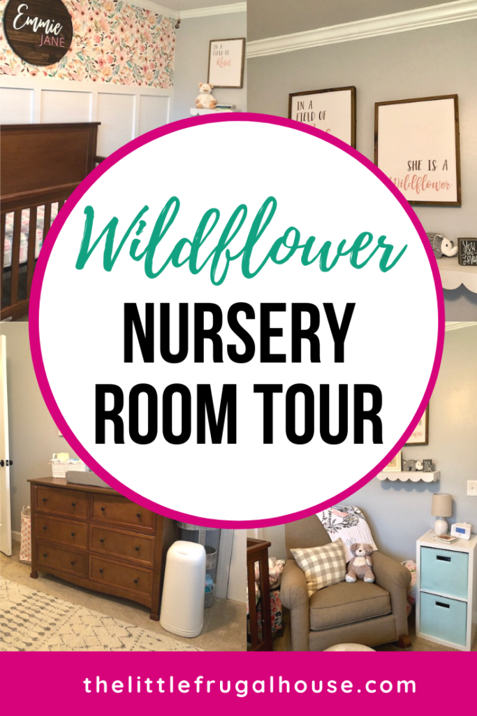 Come take a tour of our baby girl's wildflower nursery room! The wall paper, board and batten wall, cube organizers, and name sign make this room so sweet!