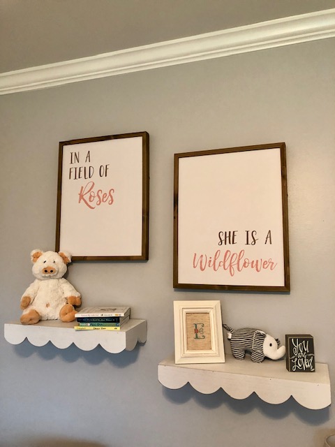 Come take a tour of our baby girl's wildflower nursery room! The wall paper, board and batten wall, cube organizers, and name sign make this room so sweet!