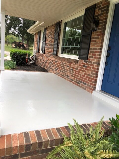 The easy and frugal way to update your front porch or patio is to paint or stain the concrete front porch floor. A great DIY project to tackle this weekend!