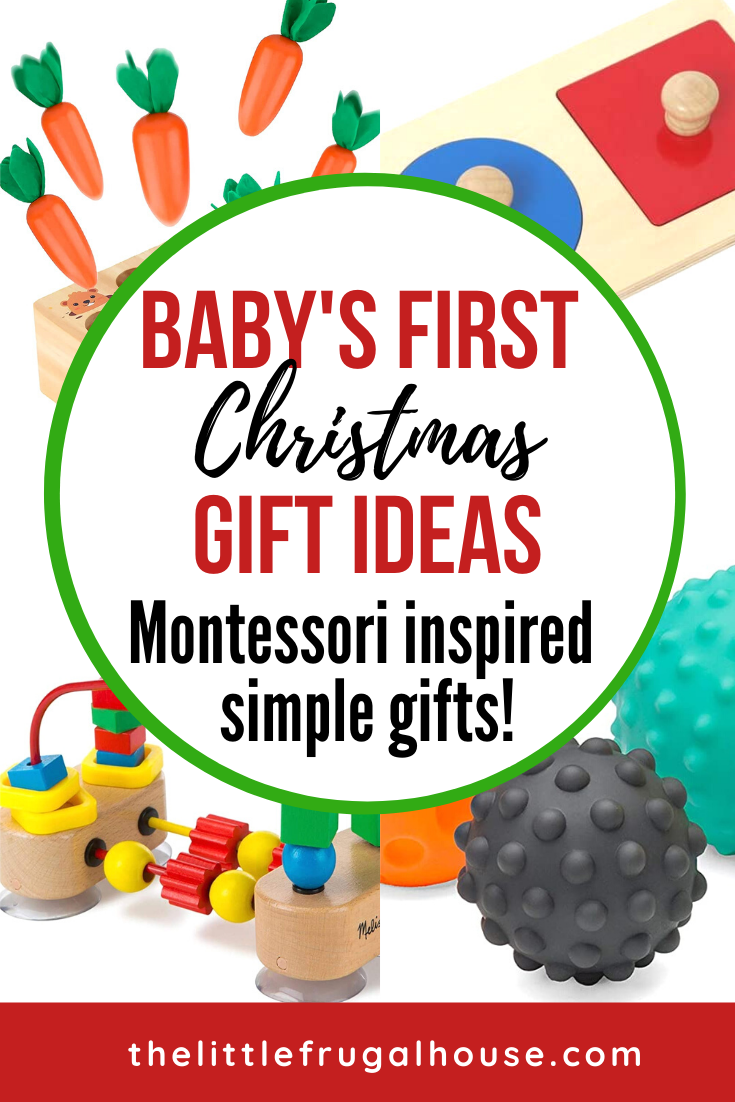 Montessori insprired simple gift ideas for baby's first Christmas. Find the perfect Christmas gifts for baby like rattles, grasping toys, and more.