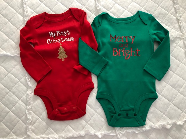 Make your own DIY Christmas bodysuits for baby with this easy beginner Cricut project. These simple iron on designs are quick to make and so cute!
