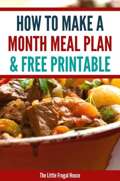Use this free monthly meal planning printable as a template to plan a month of meals on a budget. Check out the 31 meal ideas to help you create your month meal plan.