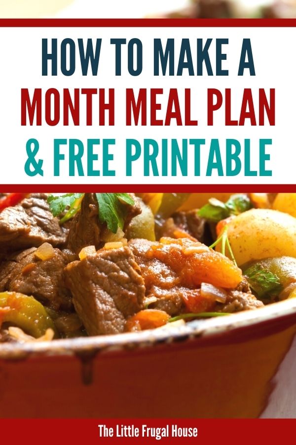 Use this free monthly meal planning printable as a template to plan a month of meals on a budget. Check out the 31 meal ideas to help you create your month meal plan.