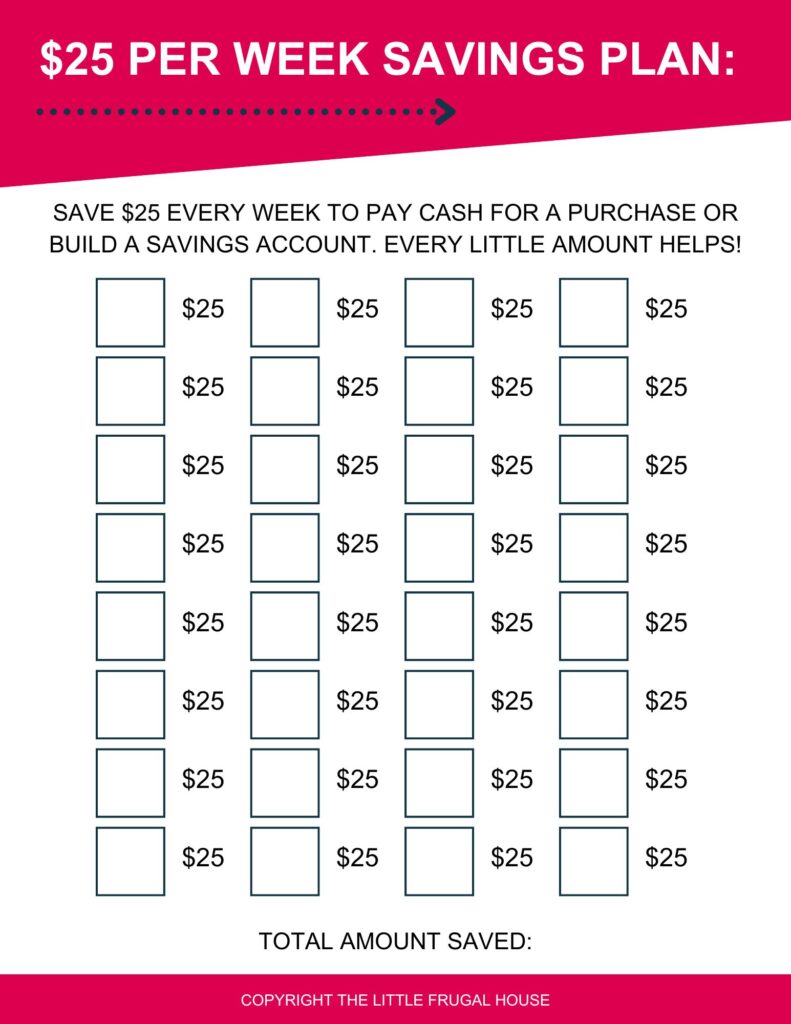 Start your savings with this free printable $25 week savings plan and tracker - it's the perfect way to build successful savings habits!